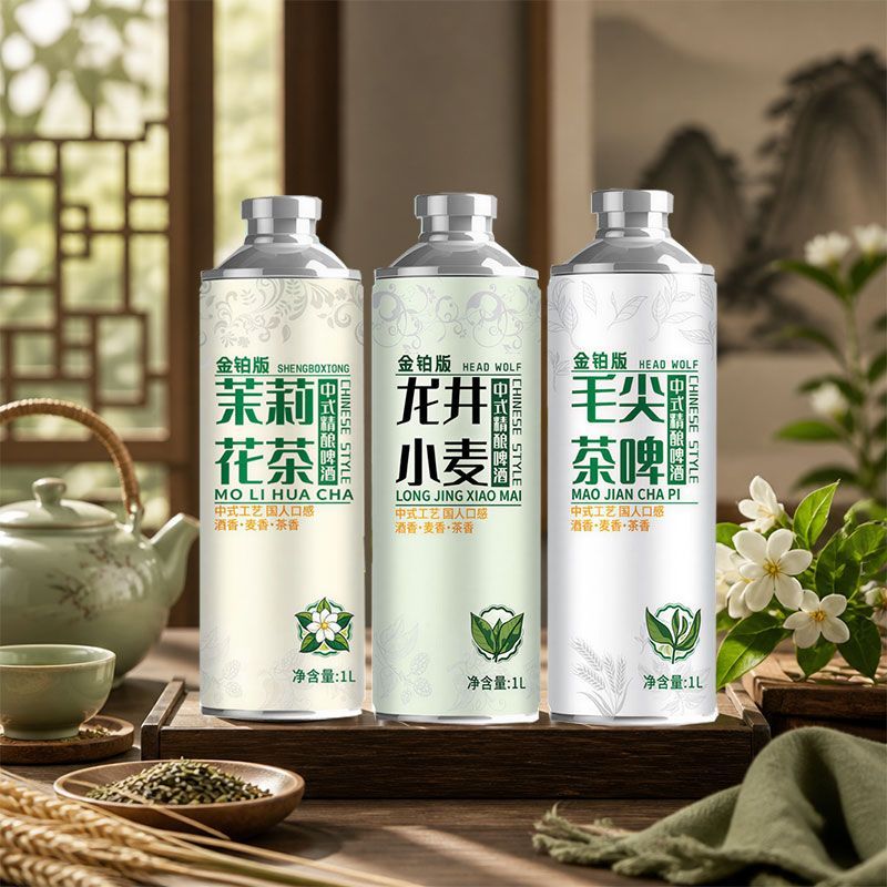 中式精酿啤酒原浆茶啤茉莉龙井毛尖茶啤1升6瓶装混合口味整箱批发 图片 7
