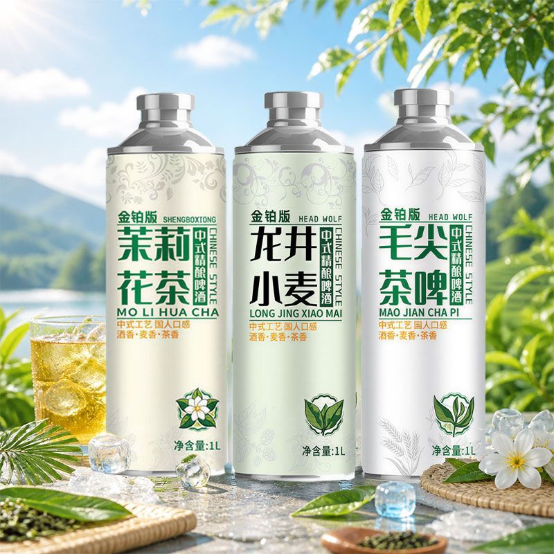 中式精酿啤酒原浆茶啤茉莉龙井毛尖茶啤1升6瓶装混合口味整箱批发 图片 8