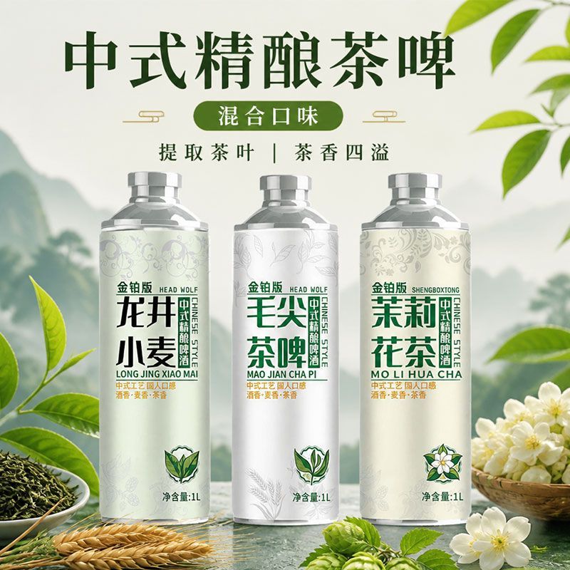 中式精酿啤酒原浆茶啤茉莉龙井毛尖茶啤1升6瓶装混合口味整箱批发 图片 2