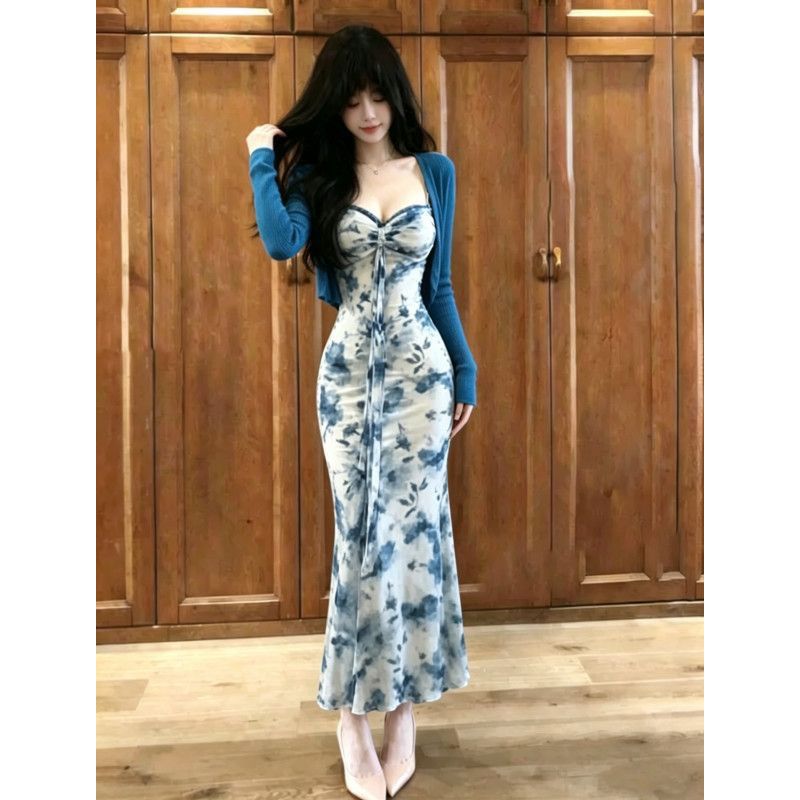 法式气质名媛夜店风纯欲性感印花长裙女开衫吊带打底连衣裙套装夏