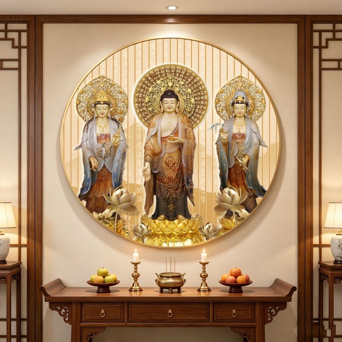 西方三圣佛像画像挂画家用供奉中堂背景墙壁画佛堂寺庙圆形装饰画 detail 1