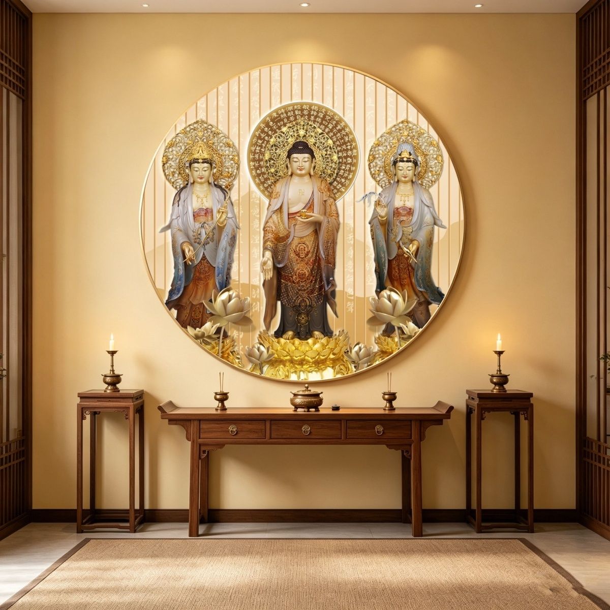 西方三圣佛像画像挂画家用供奉中堂背景墙壁画佛堂寺庙圆形装饰画 detail 3