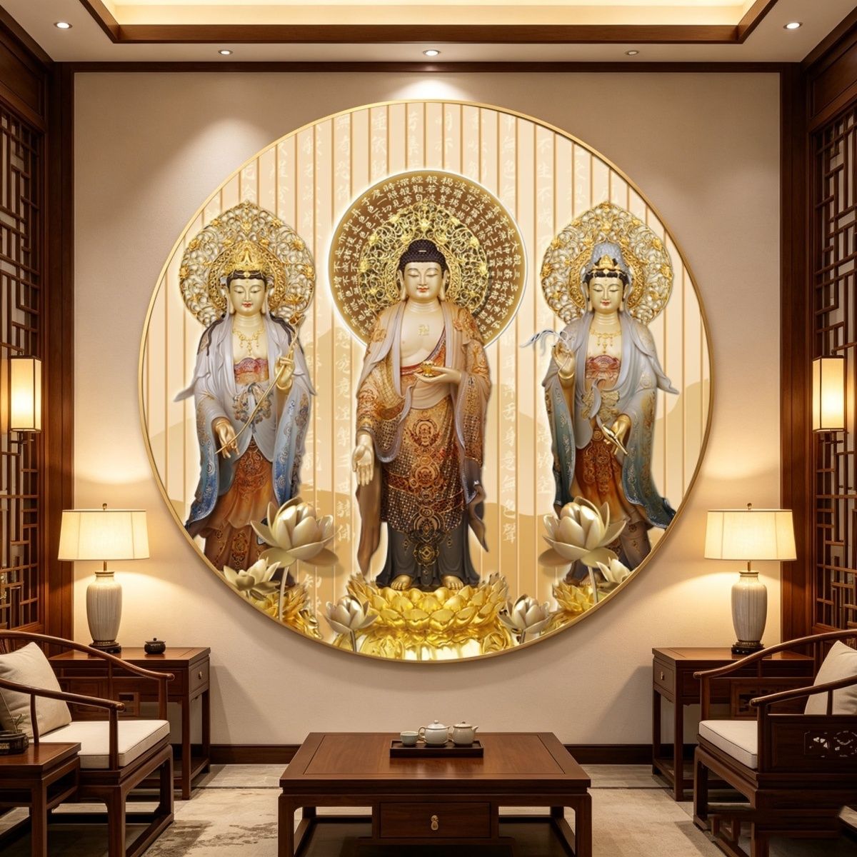 西方三圣佛像画像挂画家用供奉中堂背景墙壁画佛堂寺庙圆形装饰画