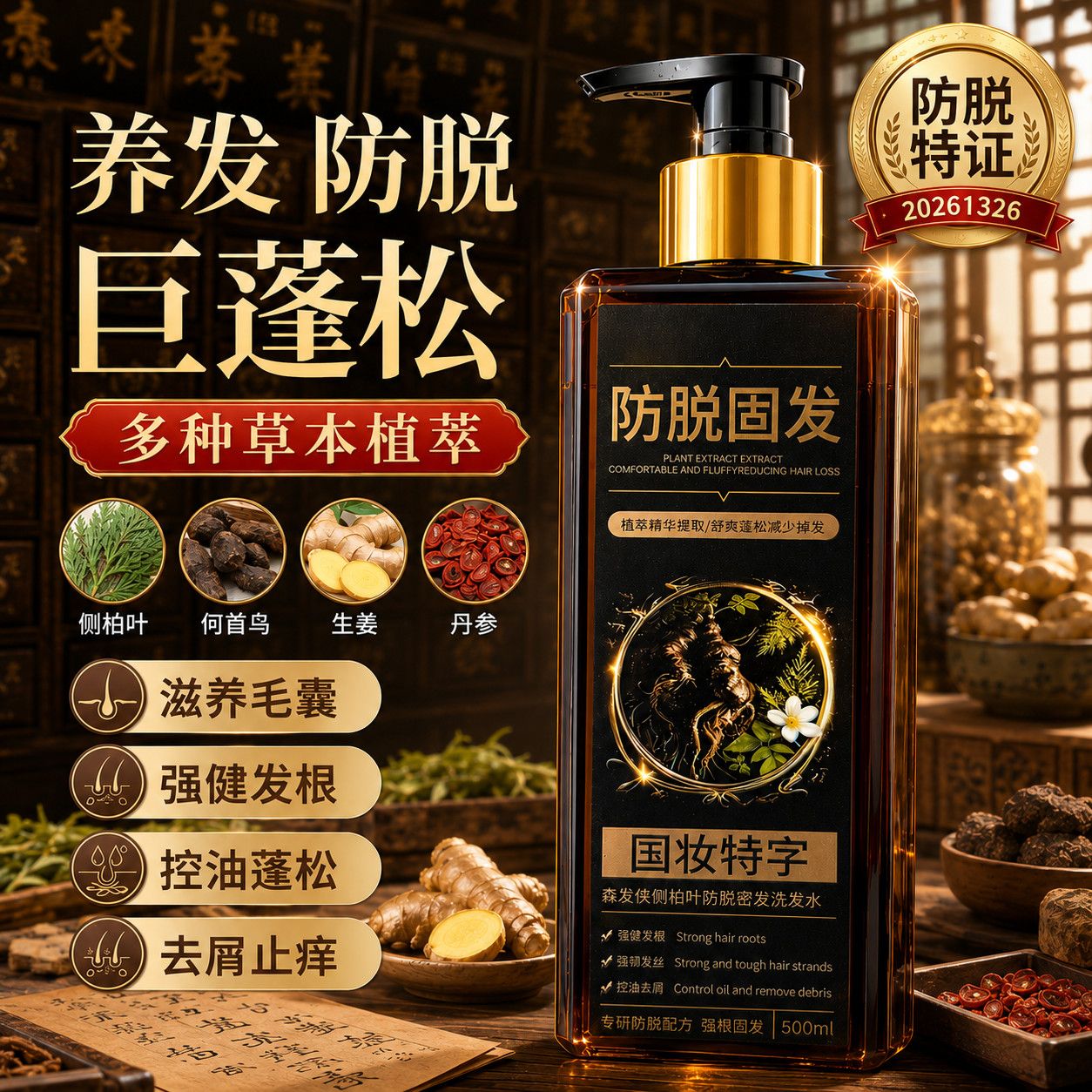 防脱固发洗发水侧柏叶生姜何首乌控油去屑蓬松清洁止痒防脱洗发水