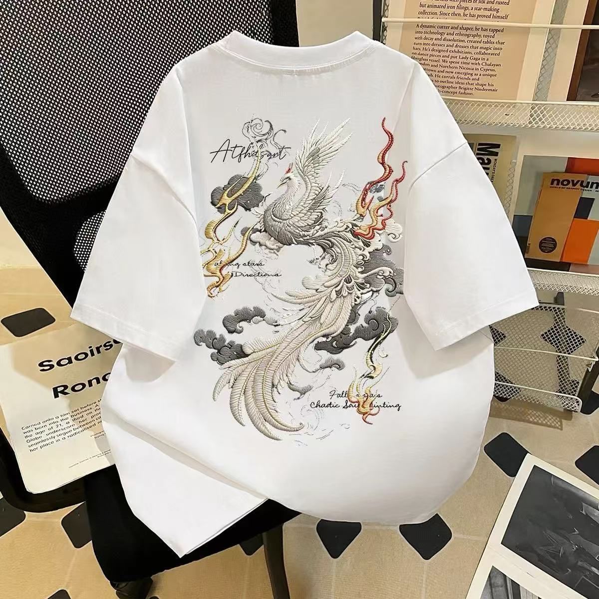 高级通勤外穿圆领短袖T恤创意凤凰祥云印花时尚高贵品质上衣ins潮