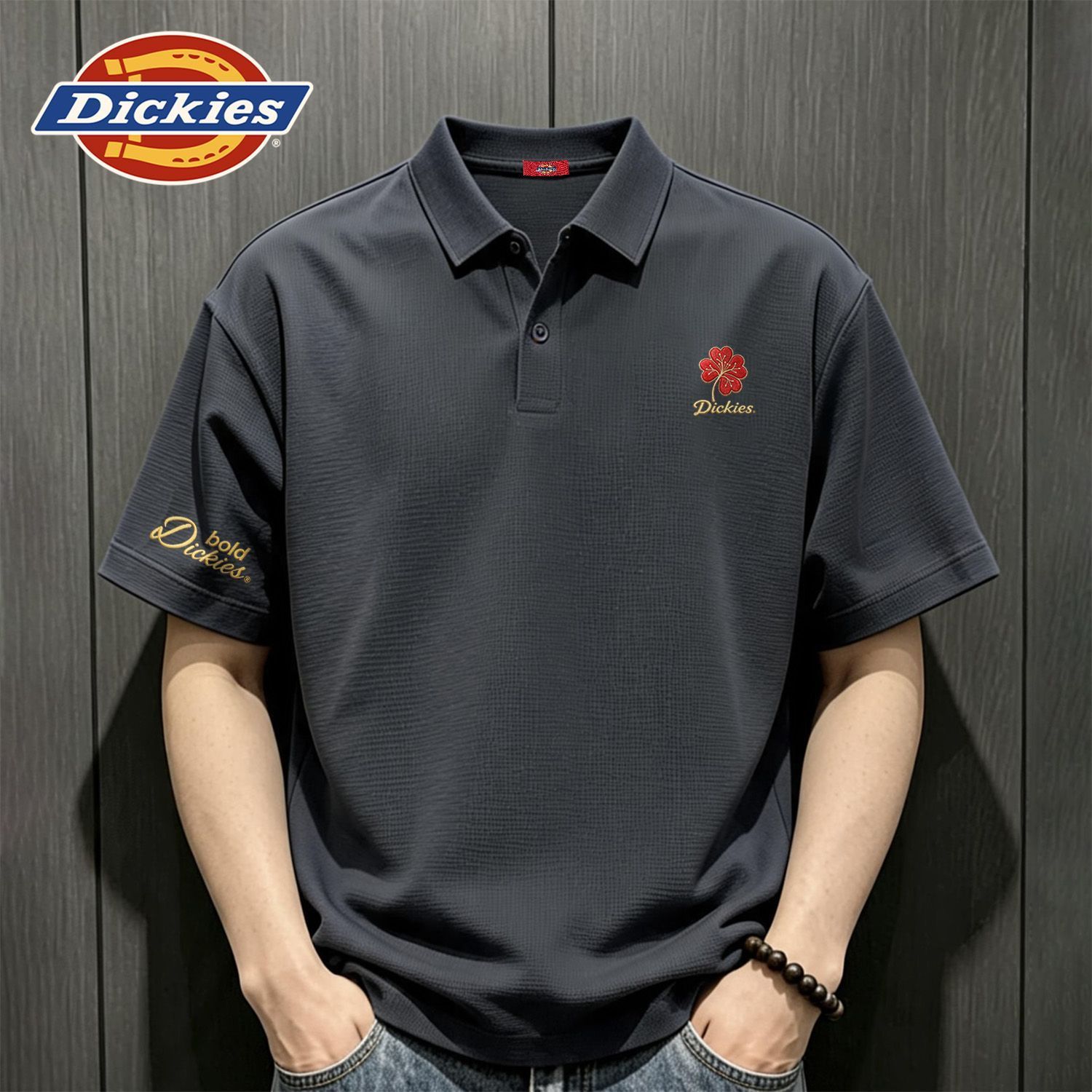 Dickies深灰短袖polo衫男款透气凉感上衣休闲商务百搭款品牌印花
