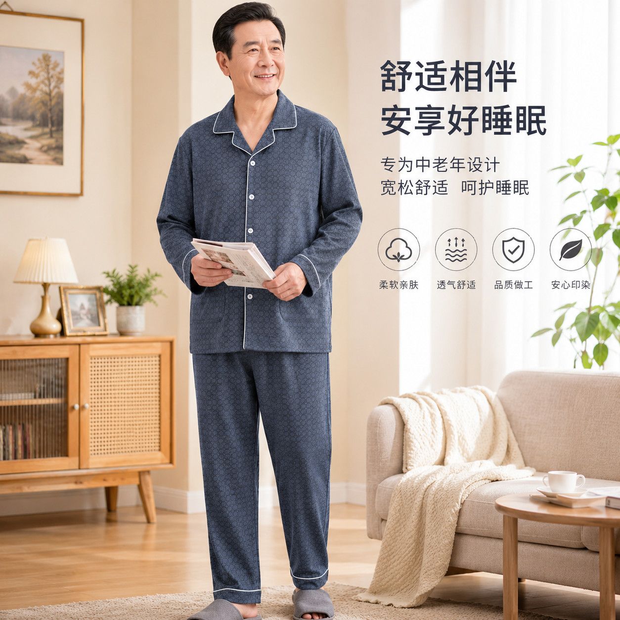 春夏男中年爸爸高档长袖透气吸汗睡衣可外穿人造棉宽松家居服套装