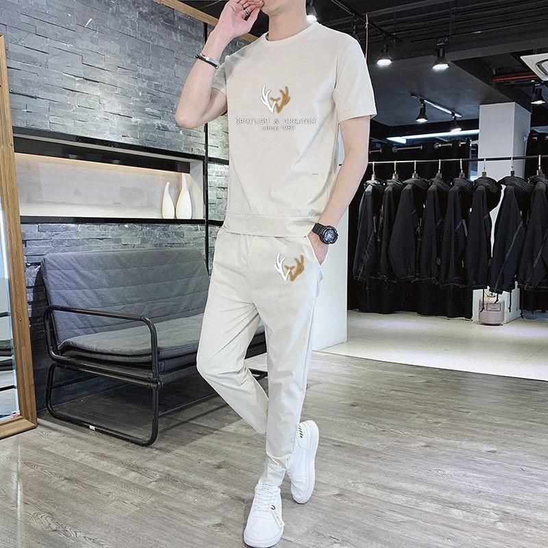 休闲运动服套装男士夏季薄款短袖T恤时尚搭配潮流冰丝速干两件套