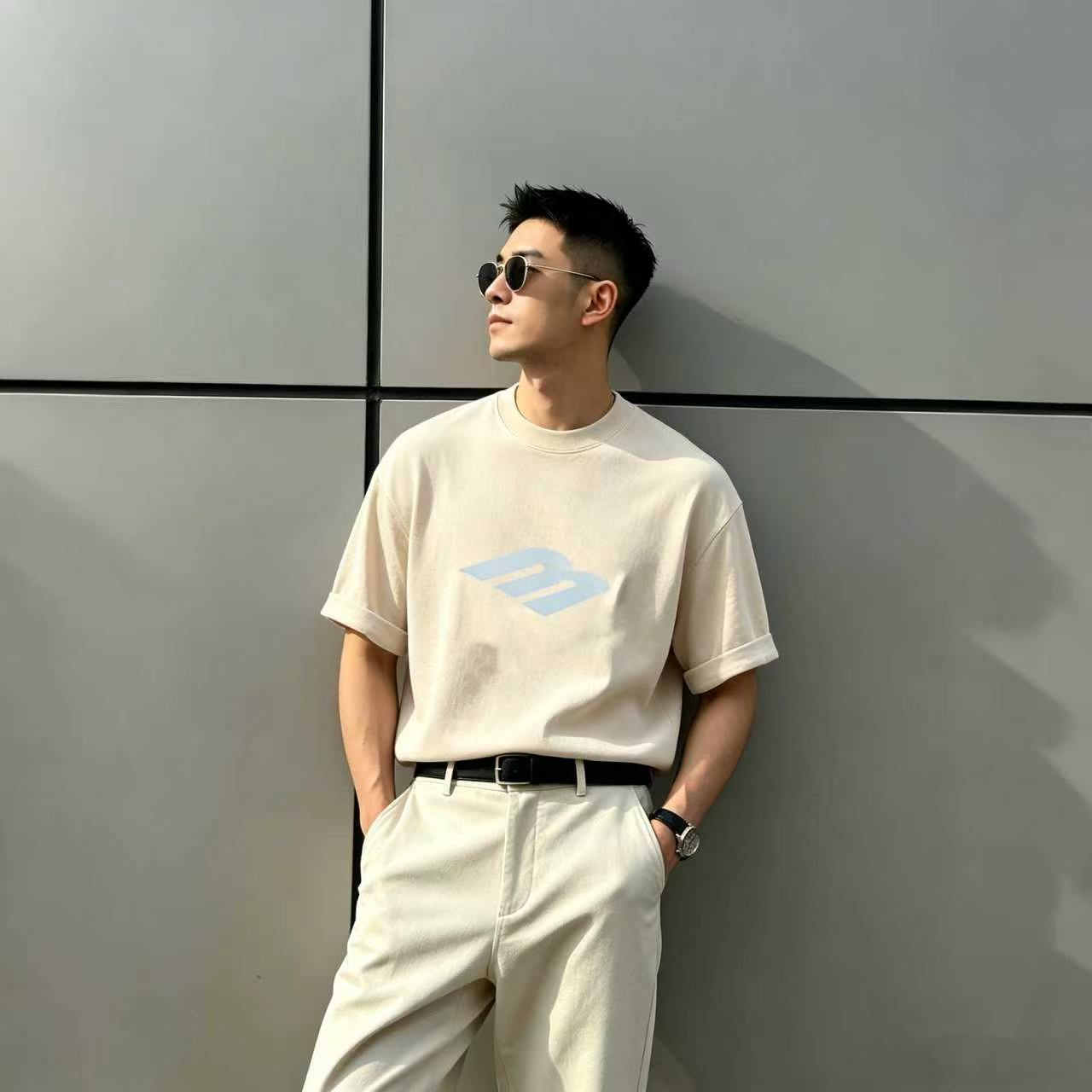 美式街头爆款设计圆领重磅微落肩男士时尚短袖宽松T恤纯棉短袖