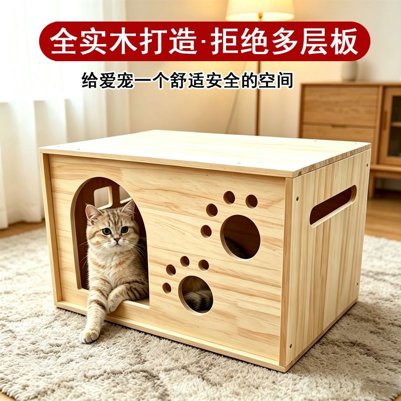 实木猫狗窝宠物房子封闭式镂空通风大号猫屋四季通用宠物睡窝别墅