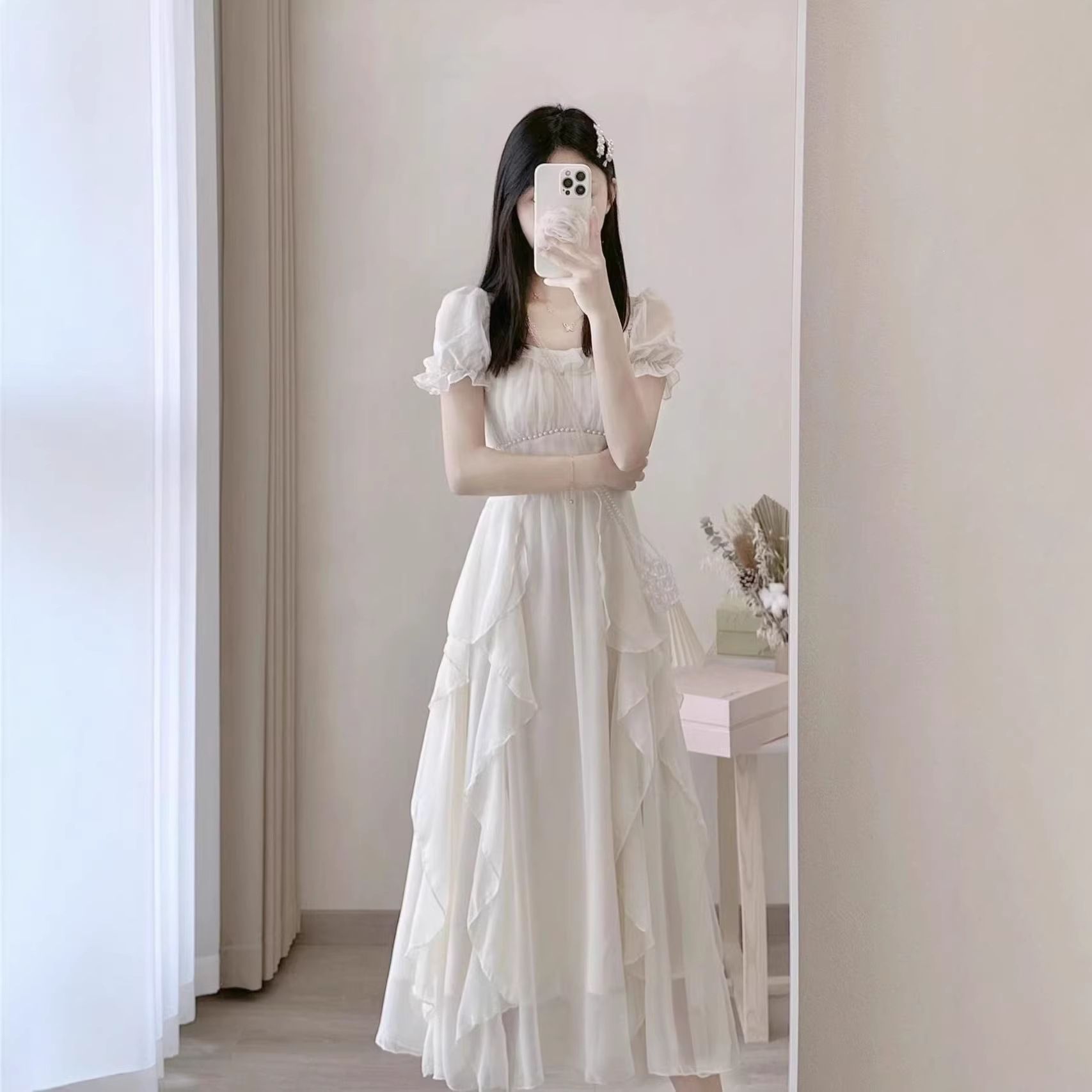 法式方领仙女风连衣裙女夏季新款女装收腰显瘦中长款裙子法式复