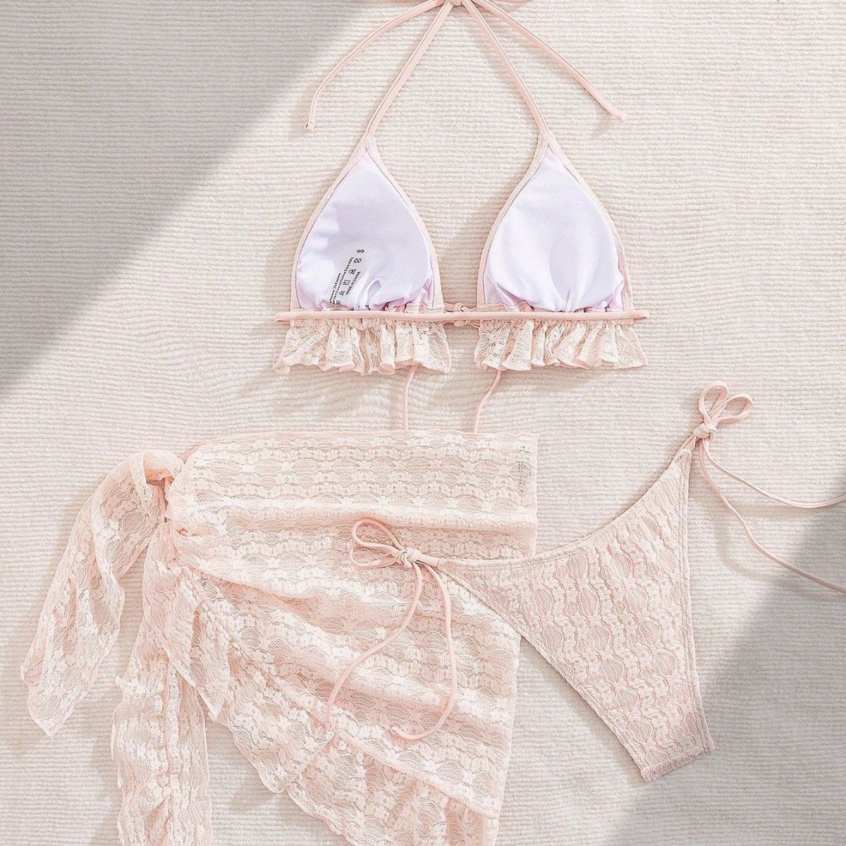 3Pcs Solid Color Lace Backless Bikini Set Women Tie Strap High Cut Wrap Skirt Swimwear_ecoleips.com