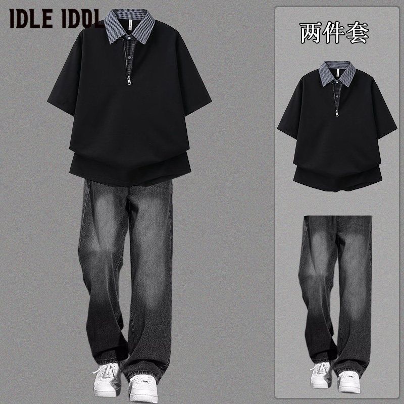 IDLE IDOL夏季韩版千鸟格衬衫休闲套装搭学生牛仔裤帅气潮流两件