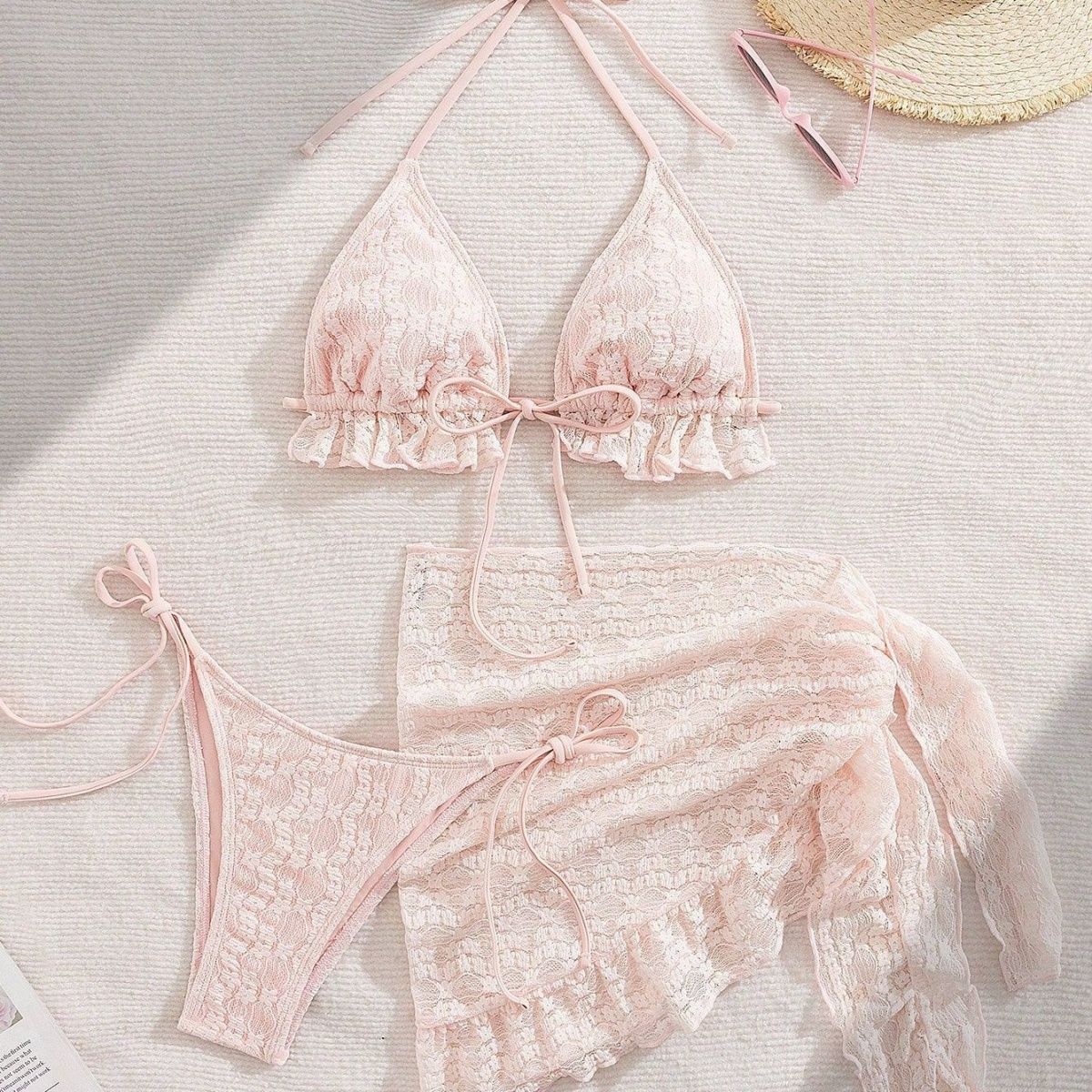 3Pcs Solid Color Lace Backless Bikini Set Women Tie Strap High Cut Wrap Skirt Swimwear_ecoleips.com