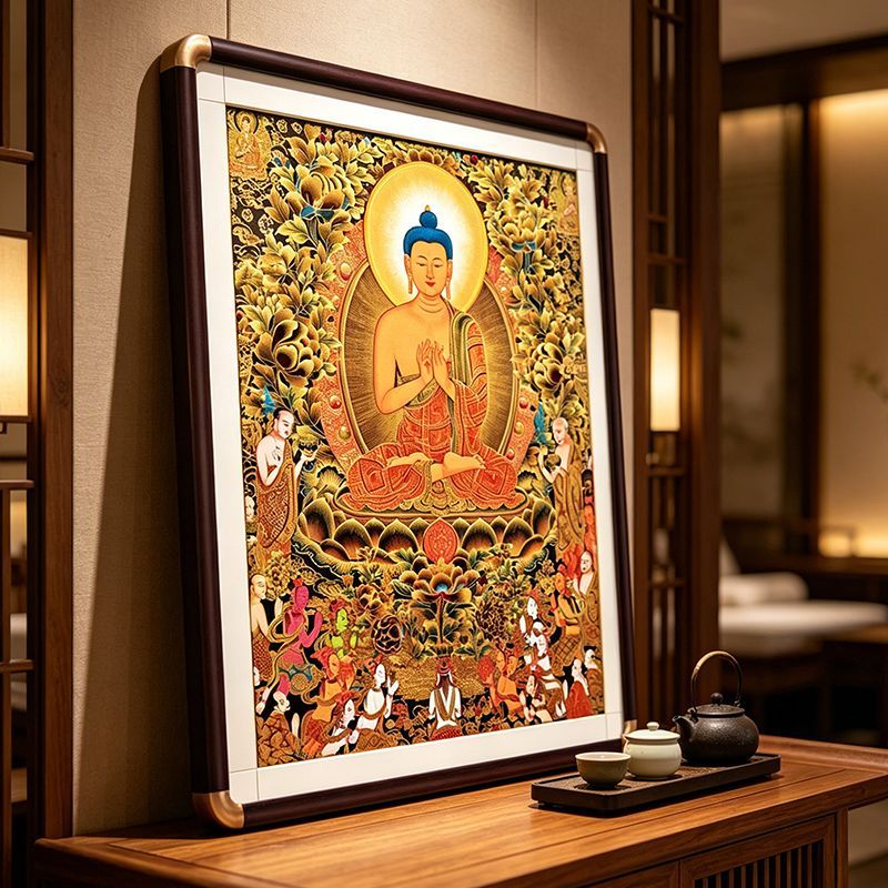 释迦牟尼佛像画唐卡挂画藏族客厅供桌佛祖壁画佛堂背景装饰画带框 2