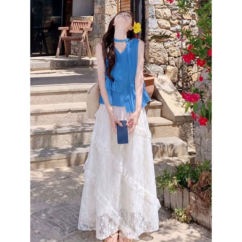 白色蕾丝半身裙女夏2026新款高腰a字不规则纱裙小个子蓬蓬蛋糕裙