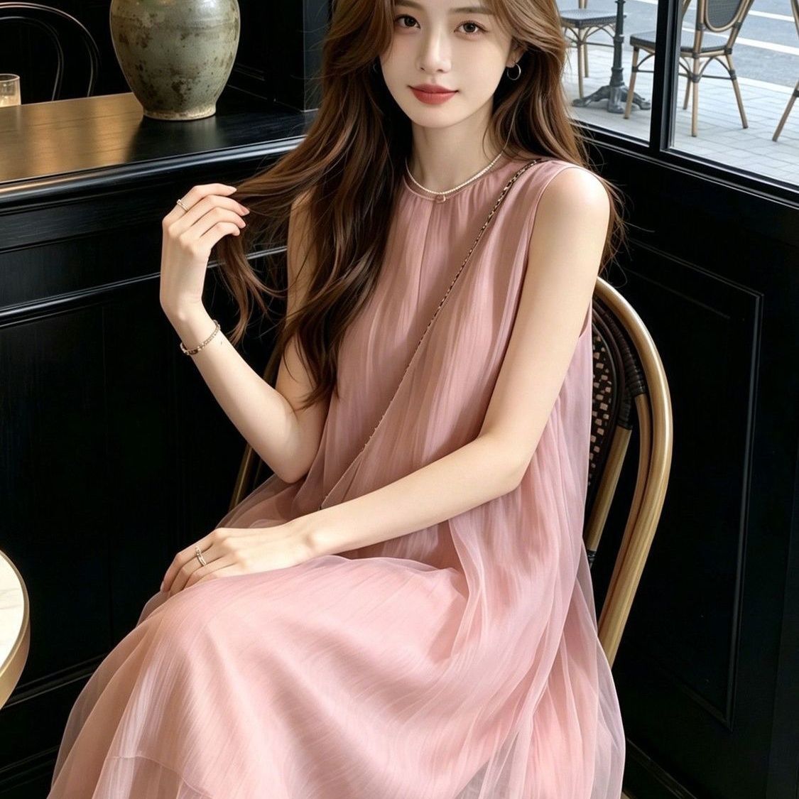 韩系绝美粉色无袖连衣裙子女夏季2026新款独特漂亮度假风背心裙