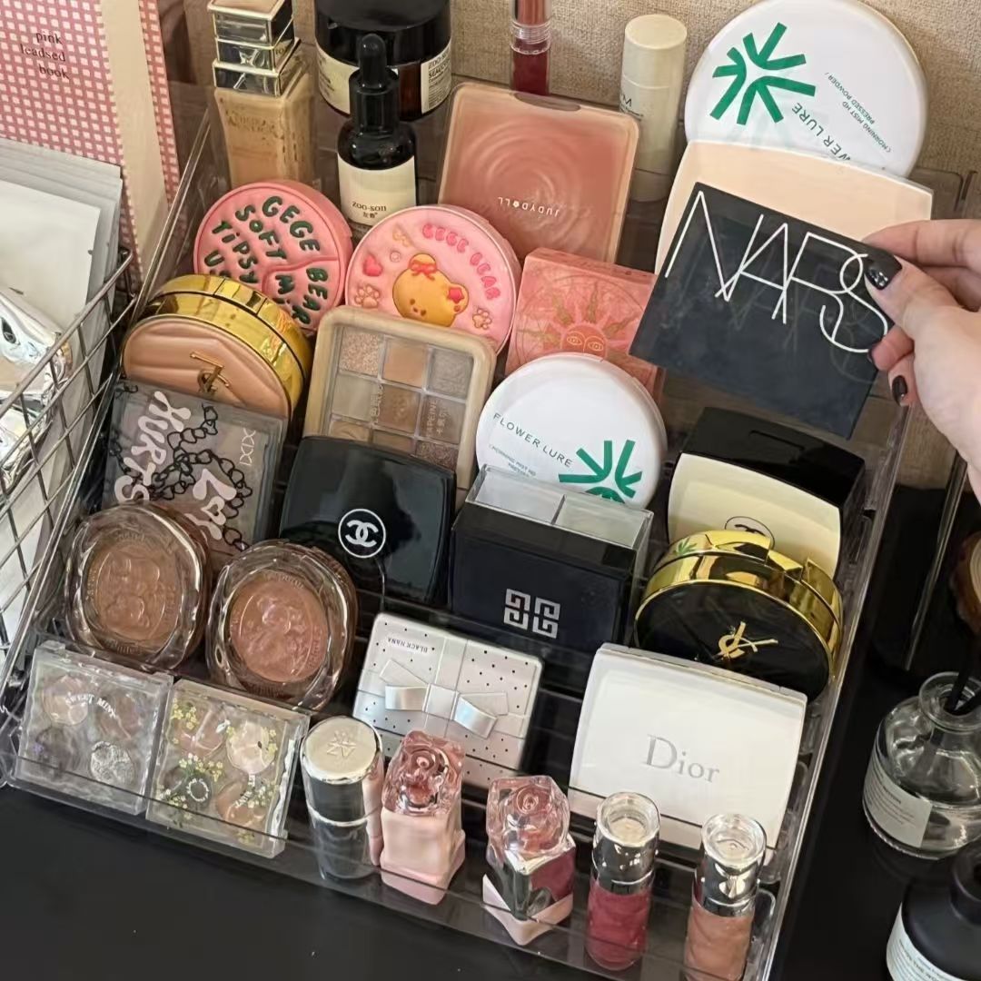 化妆品收纳盒梳妆台桌面阶梯粉饼香水展示架眼影盘置物架【清仓】