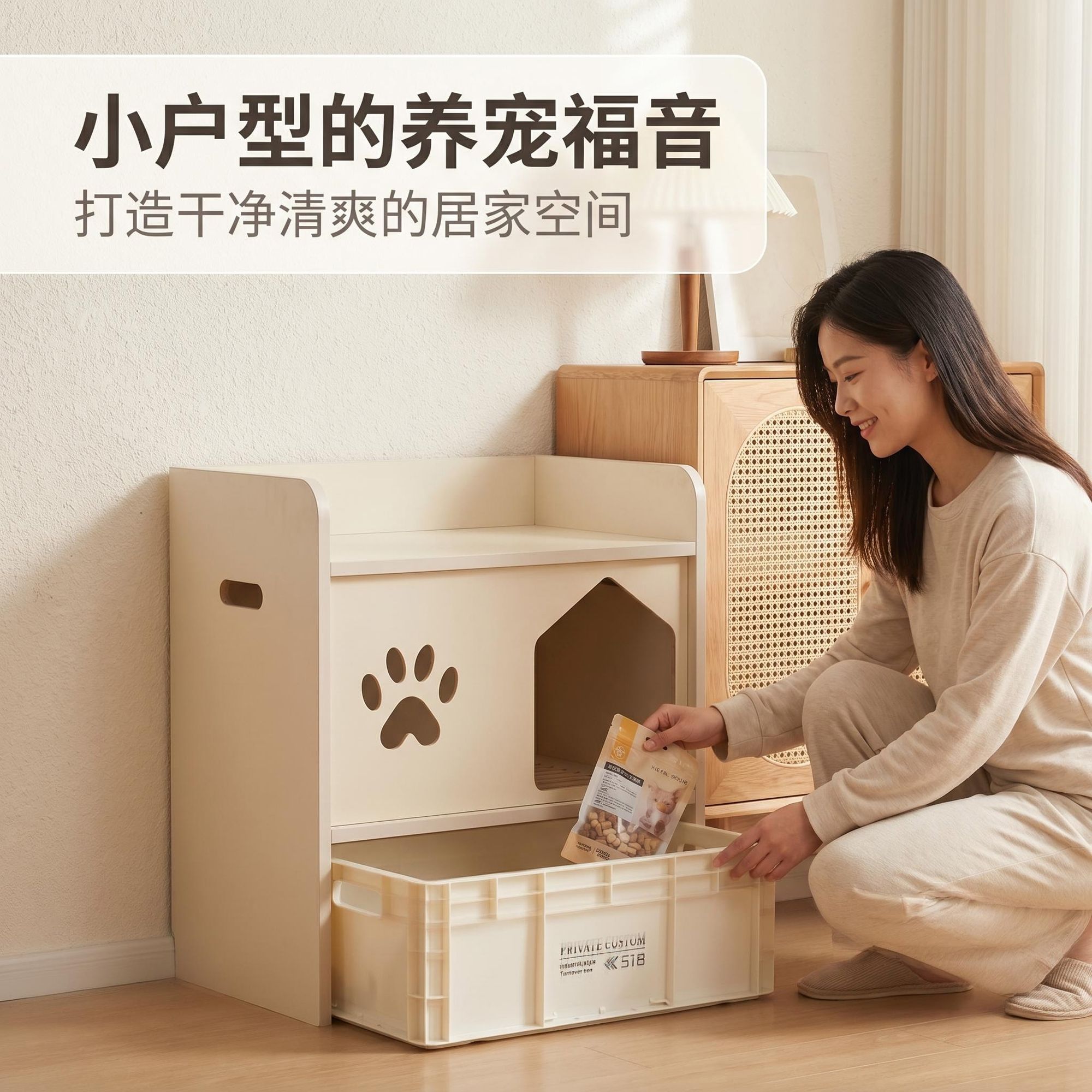 防水多层板双层置物猫砂柜一体通风防臭,猫厕所不带砂,猫窝去味