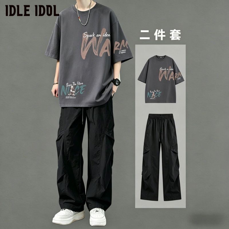 IDLE IDOL夏季初中高中学生短袖T恤男套装青少年帅气潮流男装一套