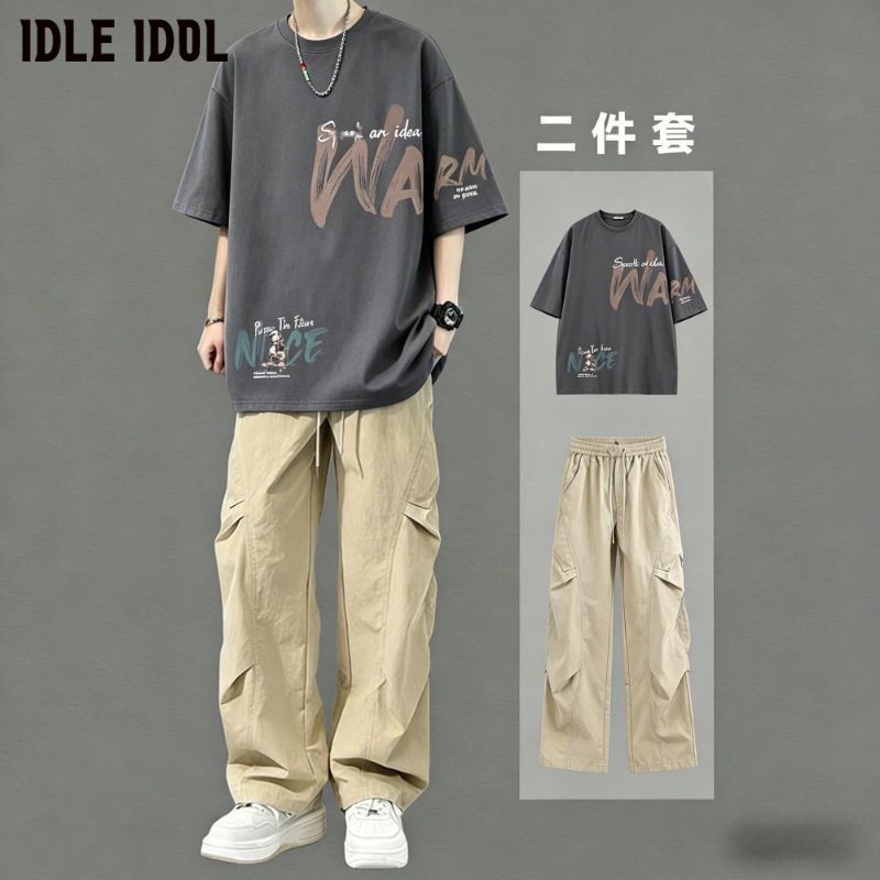IDLE IDOL夏季帅气初中高中学生短袖T恤男套装青少年潮流男装一套