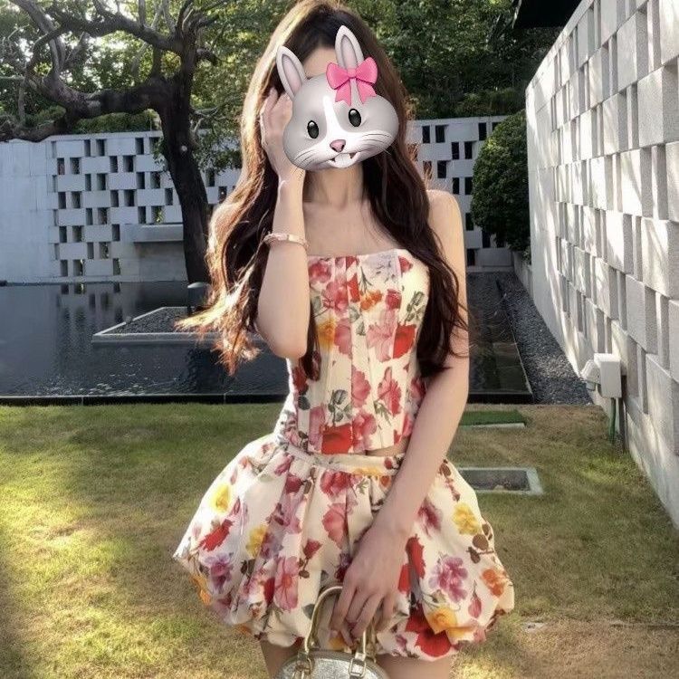 夏季高级感法式纯欲风碎花套装裙修身显瘦抹胸上衣高腰花苞半身裙