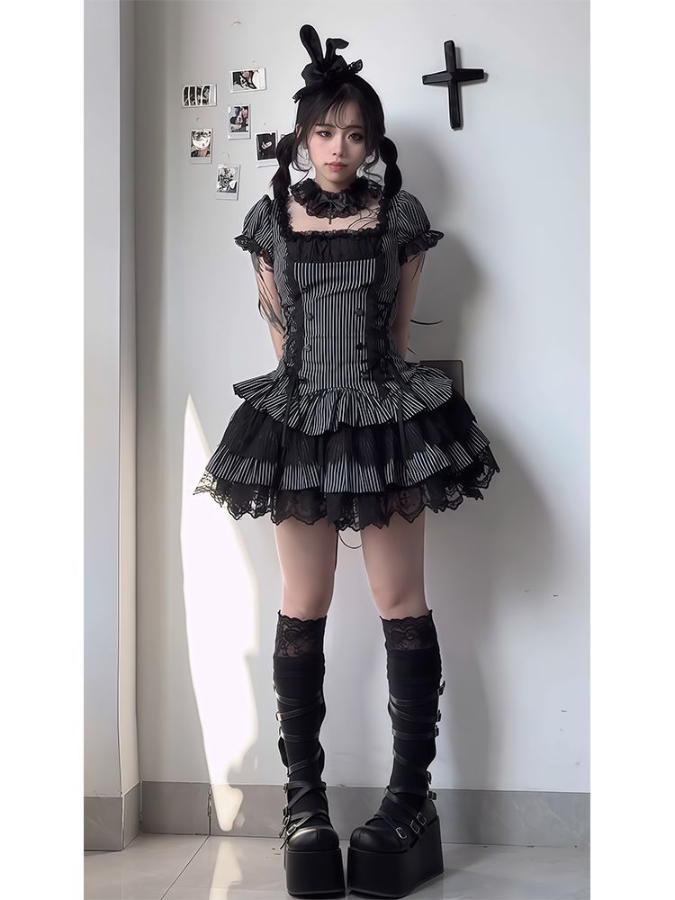 新作 グレーブラックストライプ レトロ ドール感 レース ウエスト絞り ケーキスカート ワンピース Lolita cos メイド服