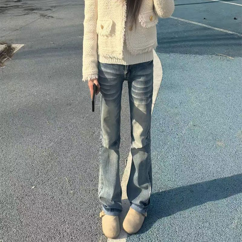秋冬新款美式复古潮酷小个子修身显瘦高街中腰窄版直筒裤牛仔裤女