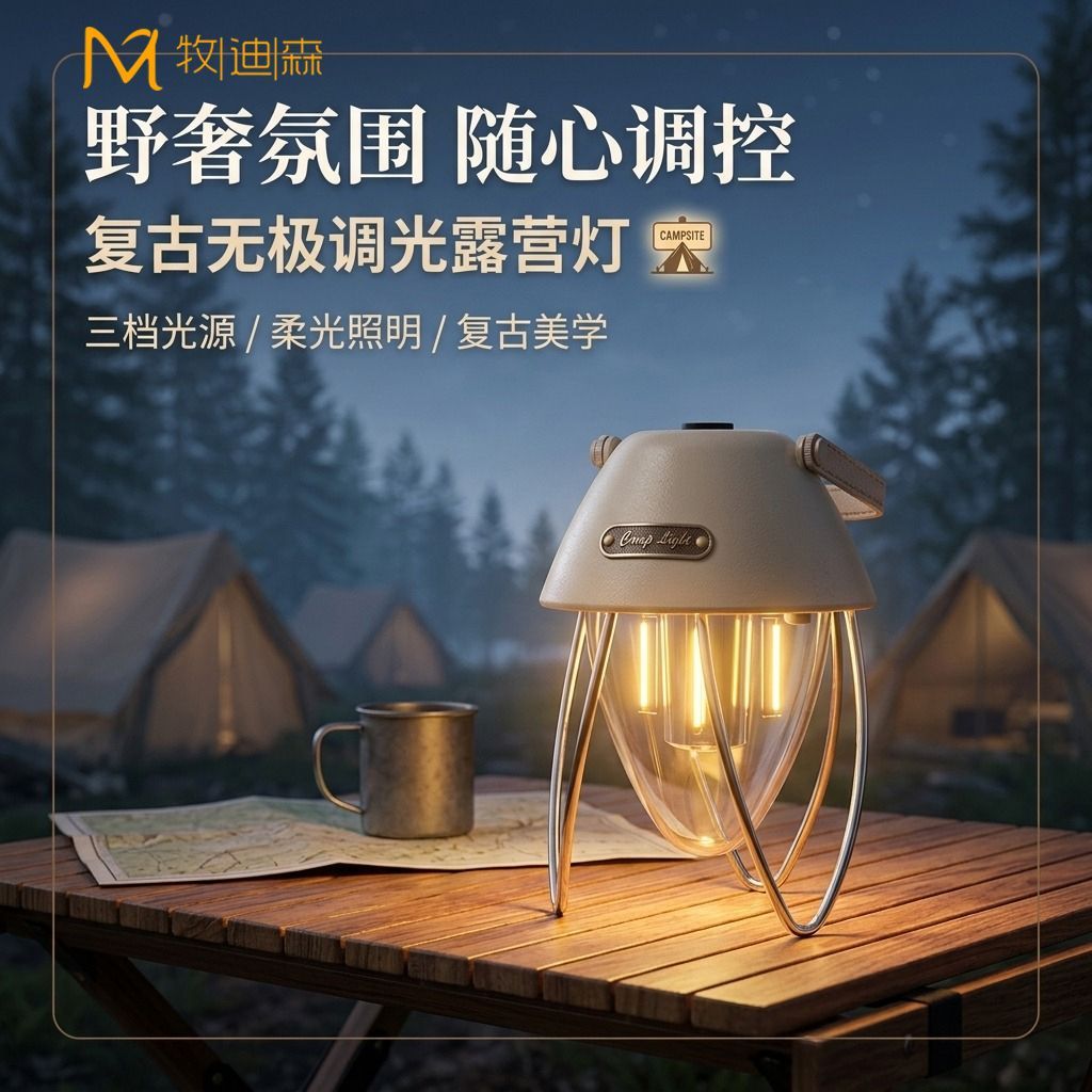 牧迪森LED露营灯野营灯充电便携挂式户外灯复古营地帐篷灯松果灯