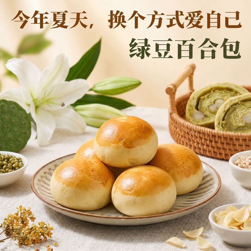 30包】清润解腻薄皮绿豆百合餐包绿豆沙夹心面包传统糕点好吃不腻