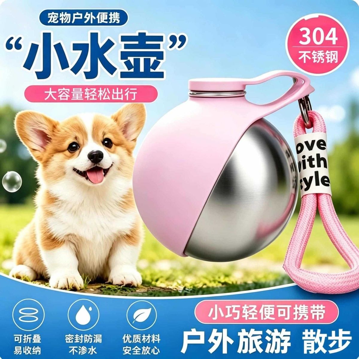 宠物不锈钢水壶硅胶狗碗水杯户外猫狗折叠便捷宠物饮水器狗狗外出