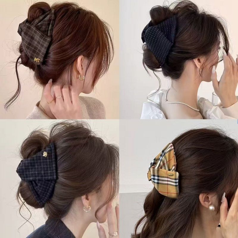 韩系格纹波点布艺三角夹女后脑勺丸子头温柔