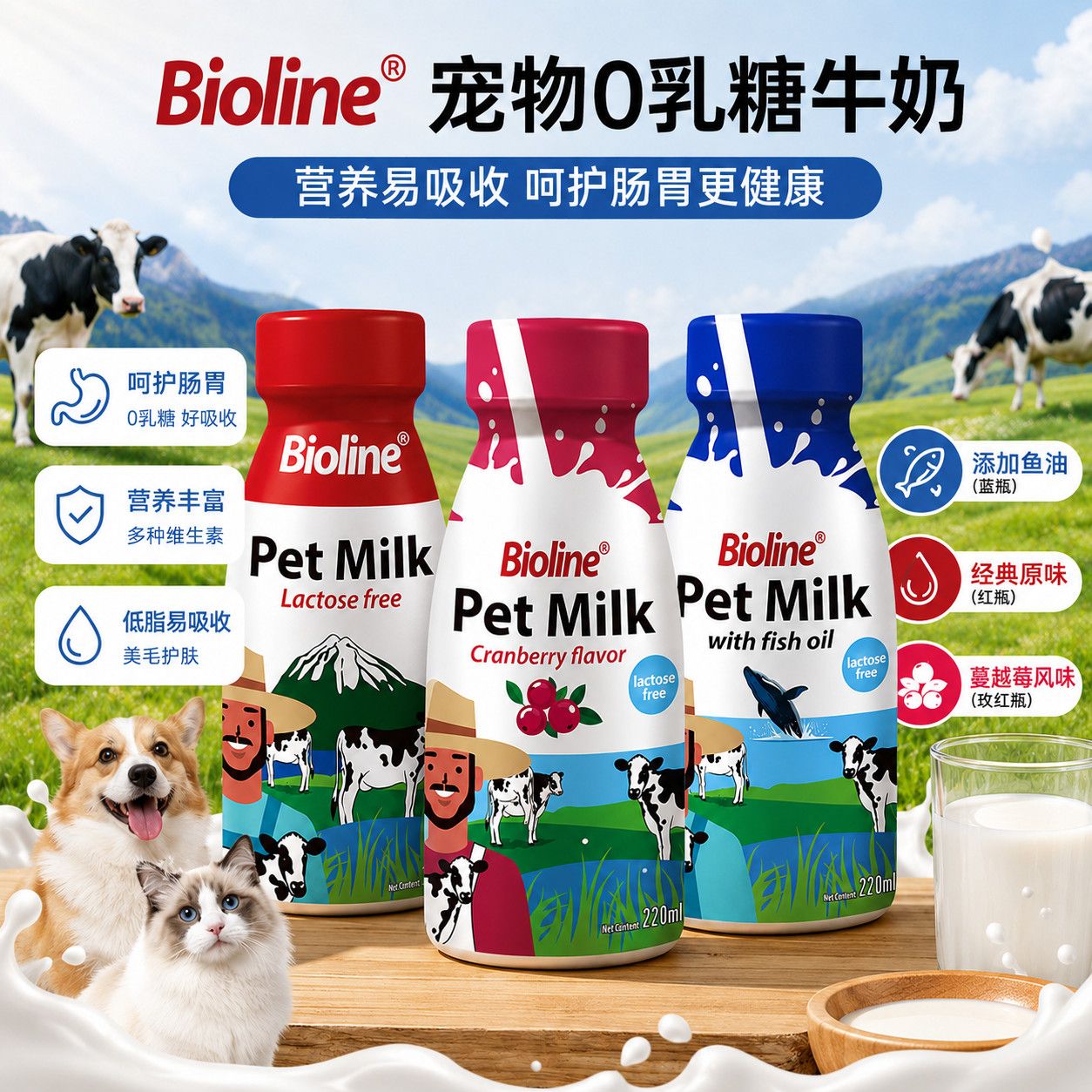 bioline狗狗牛奶瓶装220ml宠物猫咪0乳糖生牛乳猫咪狗狗通用