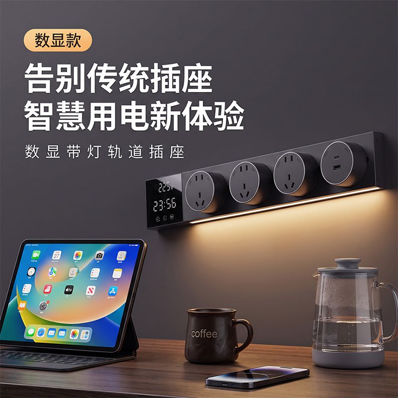 智能数显轨道插座感应灯客厅餐边柜多功能排插家用滑轨大五孔插座