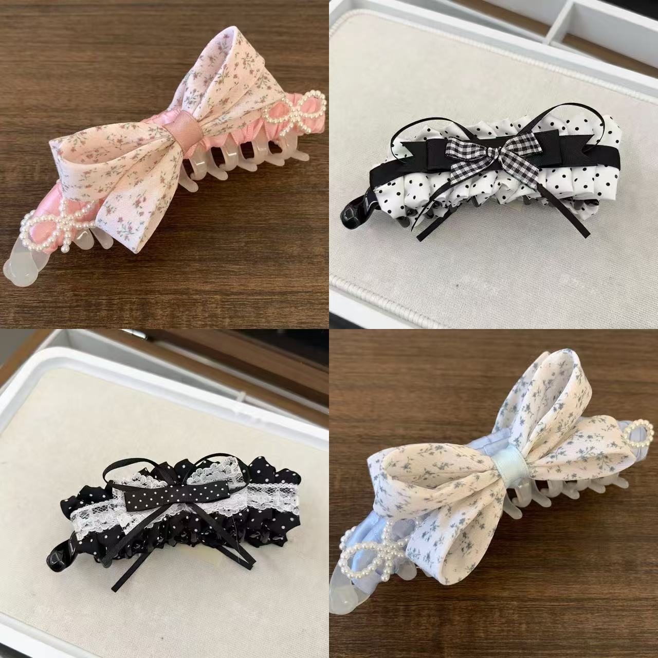 碎花蝴蝶结香蕉夹四件套少女竖夹防滑高马尾