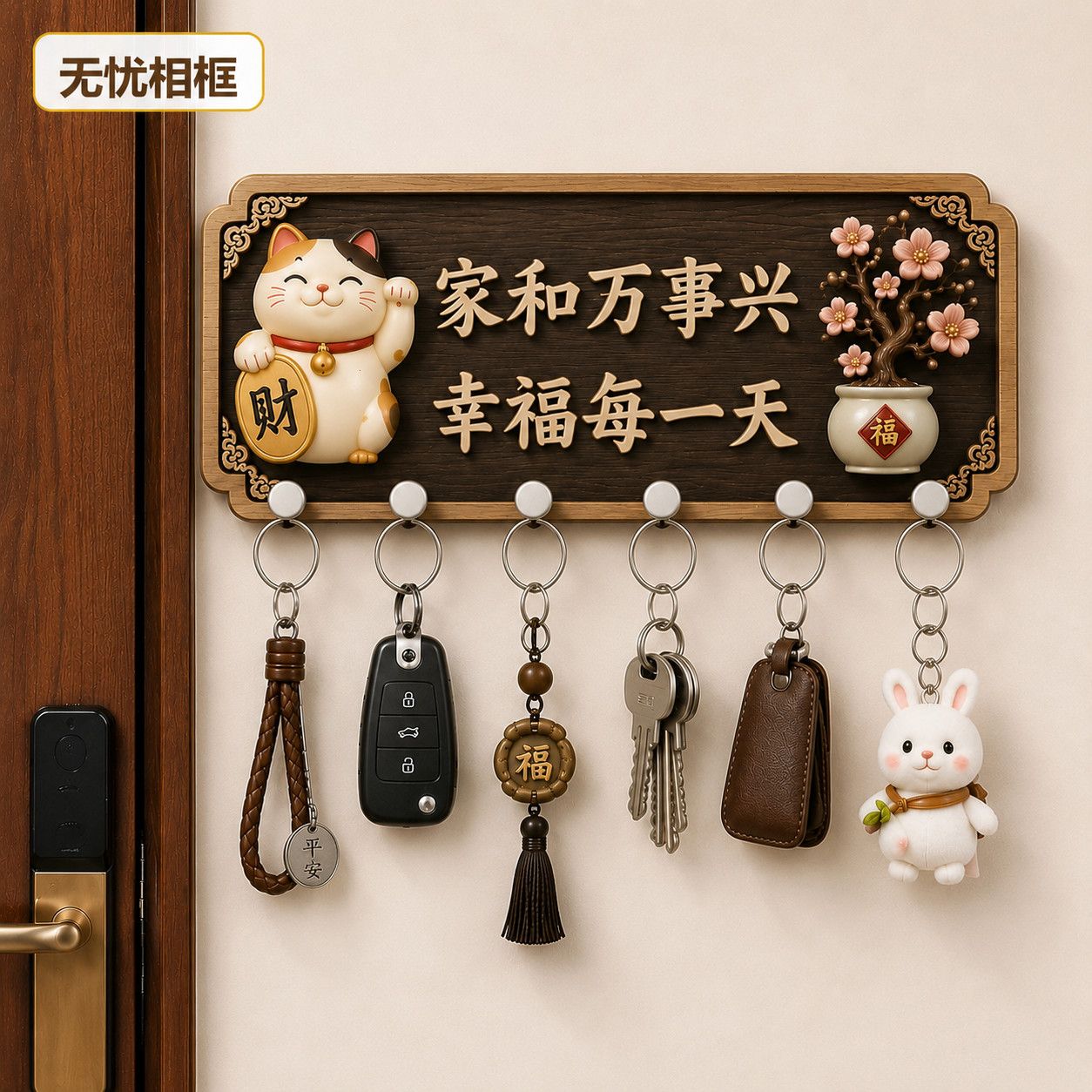 免打孔木制招财猫门挂钥匙收纳挂钩家居门口装饰挂件喜庆招财进宝