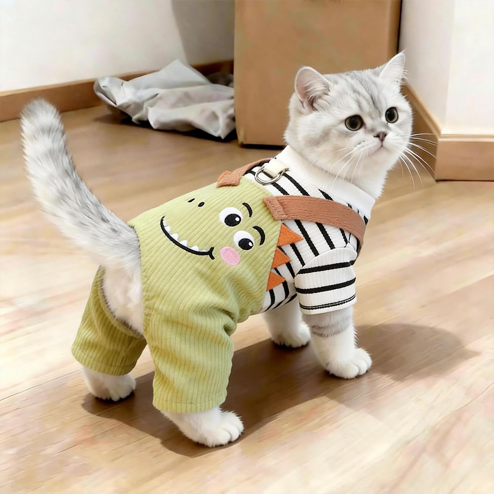 猫咪衣服春秋款卡通恐龙四脚衣银渐层布偶猫中小型犬可牵引背带裤