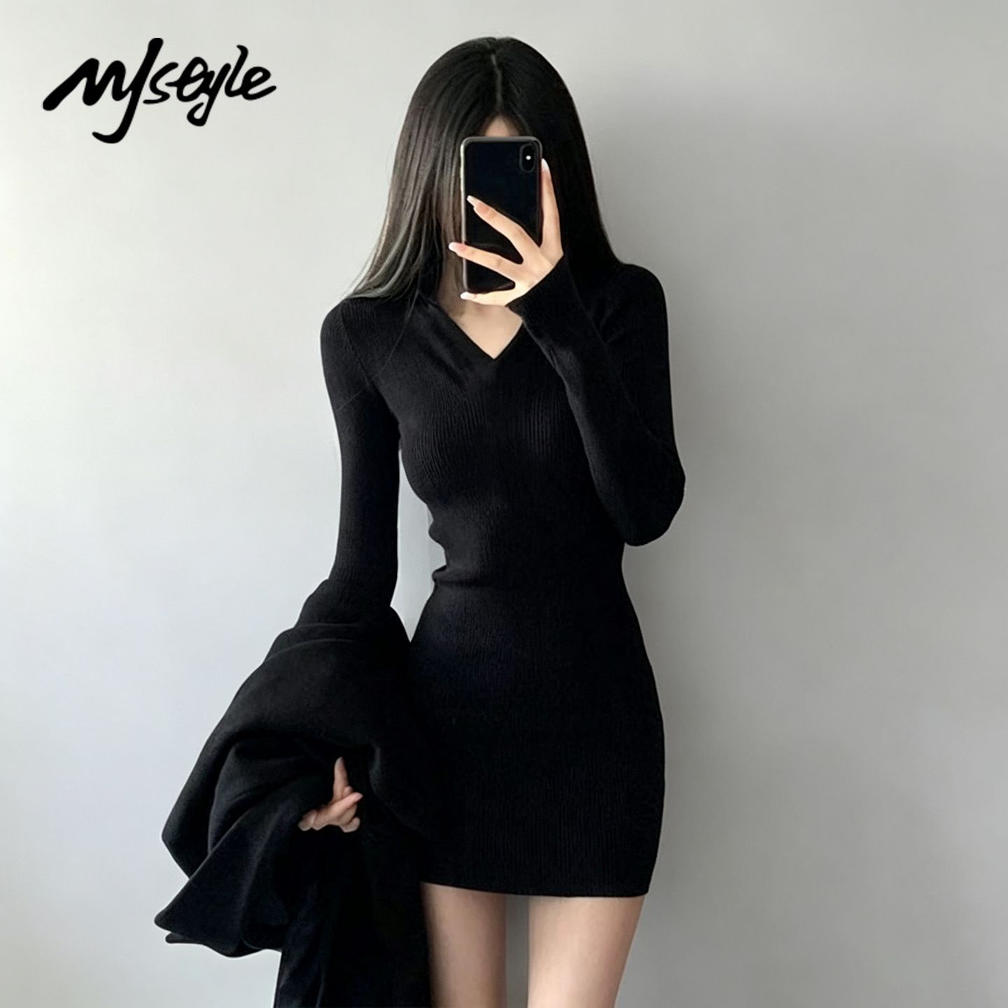 MJSTYLE气质显瘦黑色连衣裙女2026秋冬新款针织修身打底包臀裙子