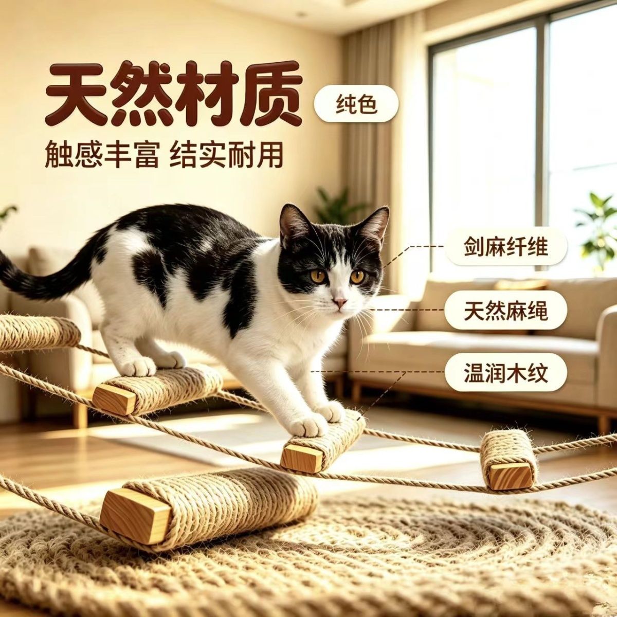 麻绳实木绳梯猫咪自制diy配件爬梯多层跳台抓板攀爬直梯剑麻绳梯