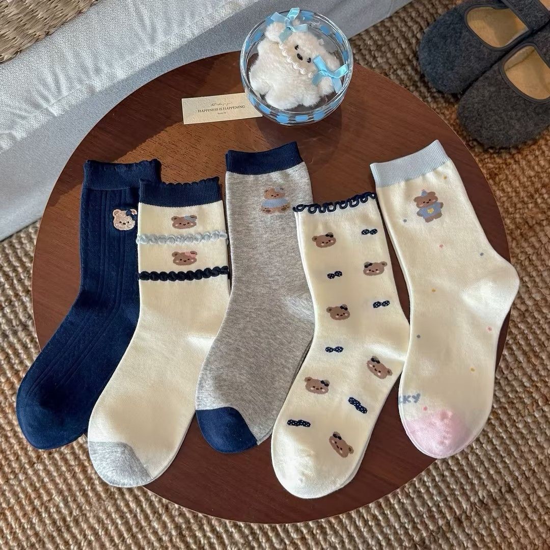 【5双装】秋季藏青系可爱小熊花边袜子女新款中筒袜子美式中筒袜【3天内发货】