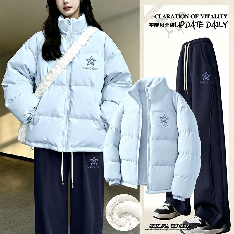藏蓝色加绒运动套装女秋冬季2026新款加厚棉服女士气质一整套穿搭