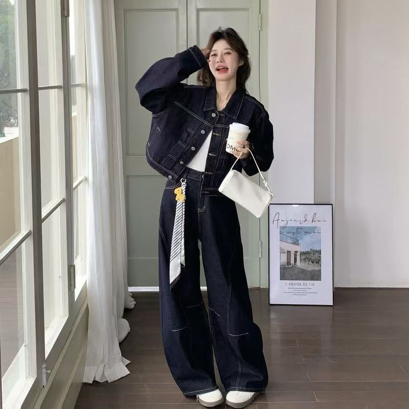复古爆款牛仔套装女秋季新款休闲翻领短款外套弯刀裤阔腿裤两件套