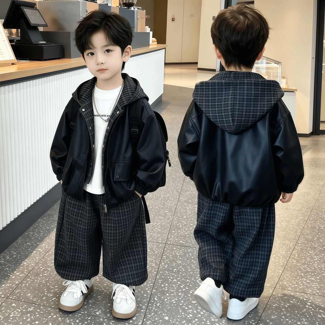 男童秋装套装2026新款儿童连帽皮衣格子阔腿裤两件套潮酷宝宝外套【3天内发货】