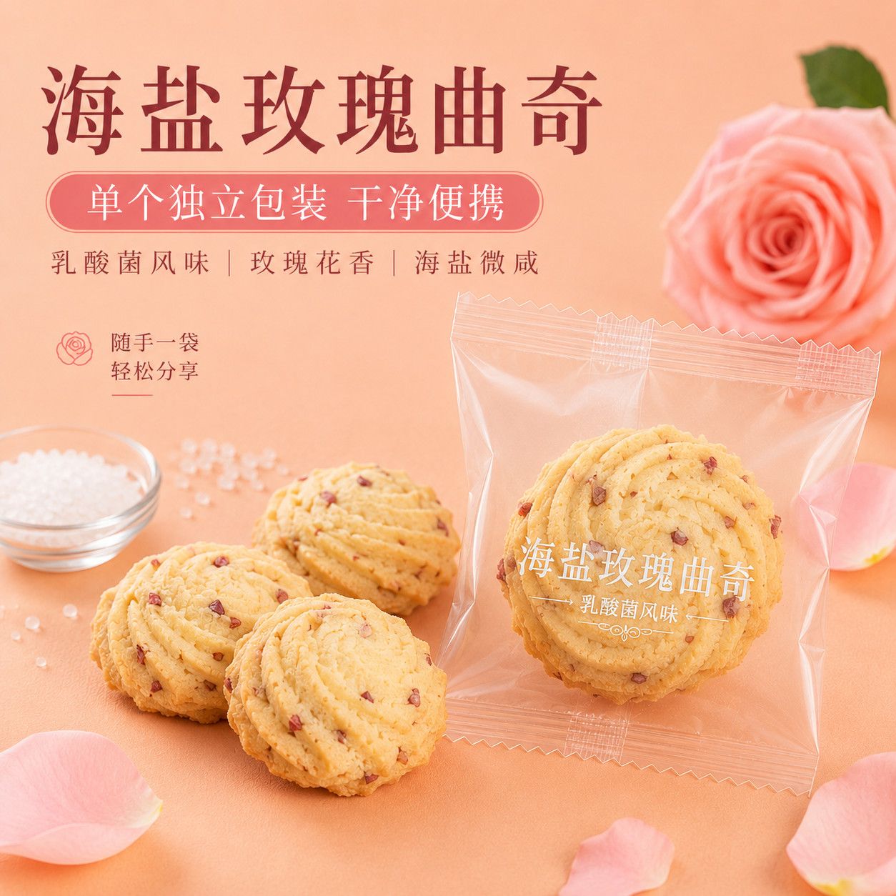 海盐玫瑰曲奇黄油玫瑰花瓣饼干咸甜不腻办公室休闲即食小零食