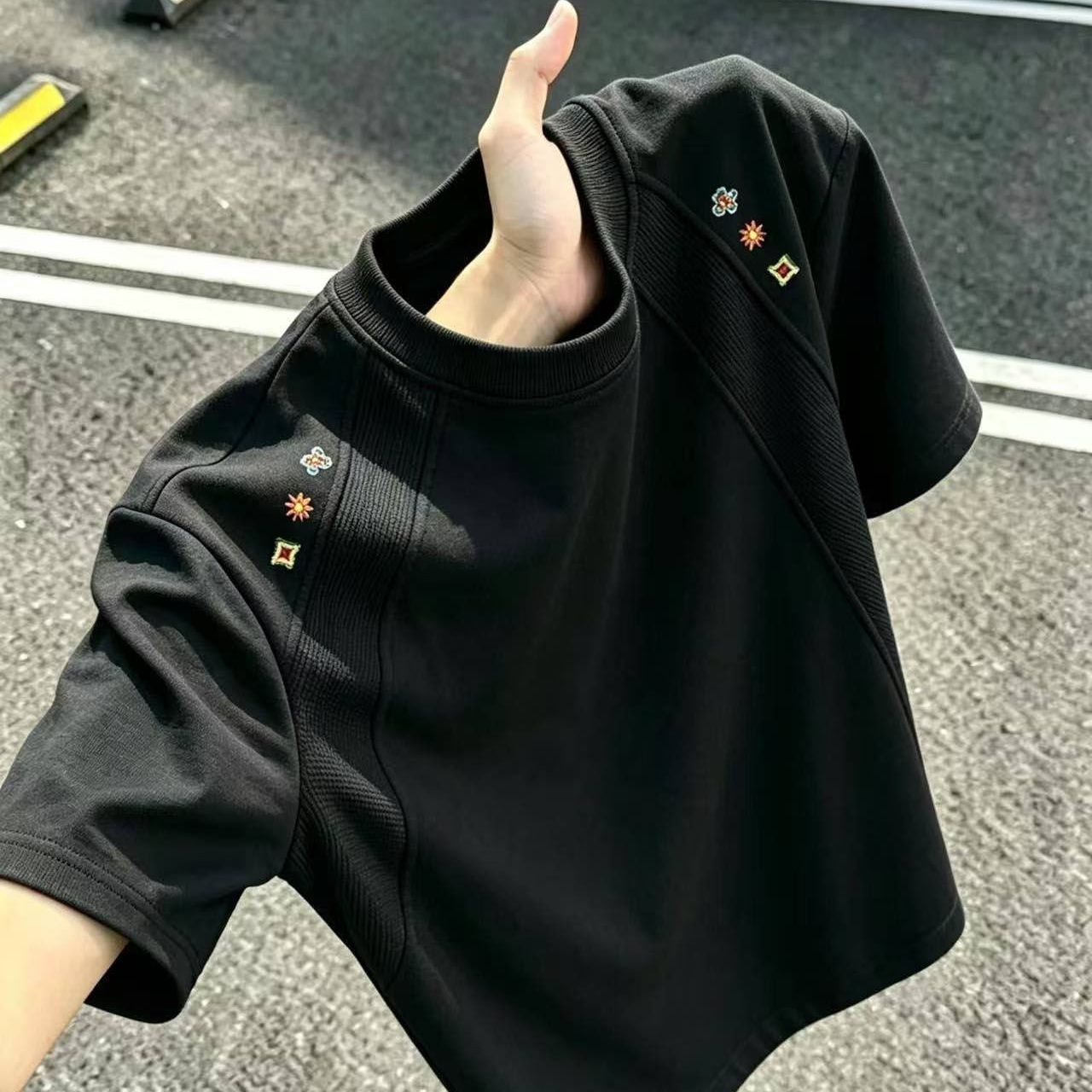 【刺绣工艺】美式重磅拼接解构短袖t恤男女2026夏季新款情侣体恤