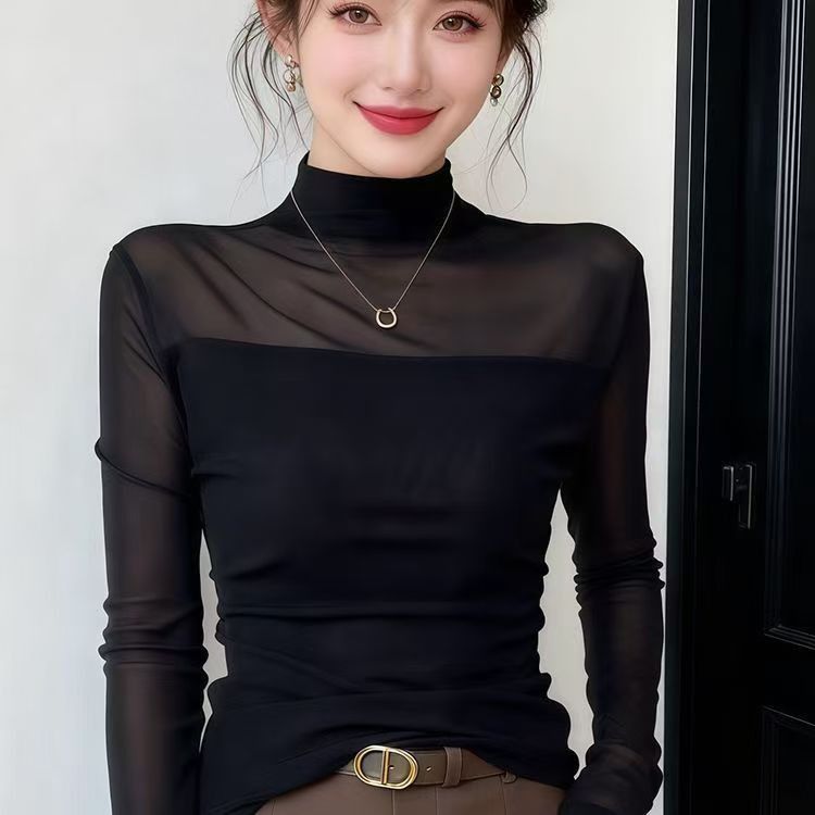 2026秋季新款气质修身显瘦网纱拼接长袖上衣高领纯色打底衫133