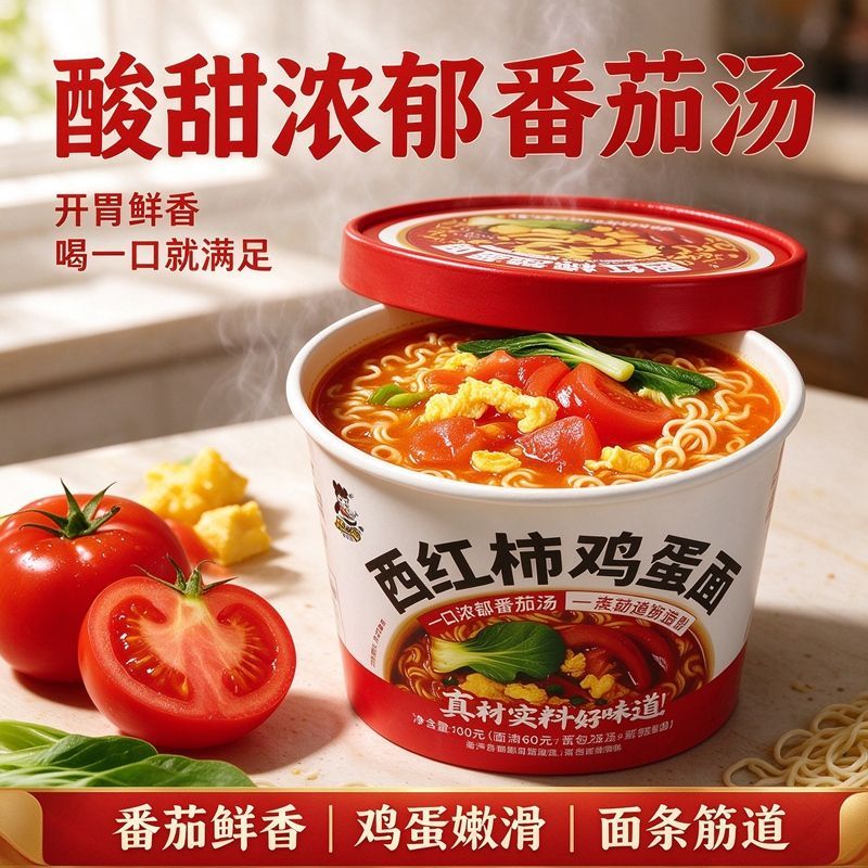 西红柿鸡蛋面番茄味方便面酸甜速食桶装宿舍夜宵泡面整箱冲泡即食