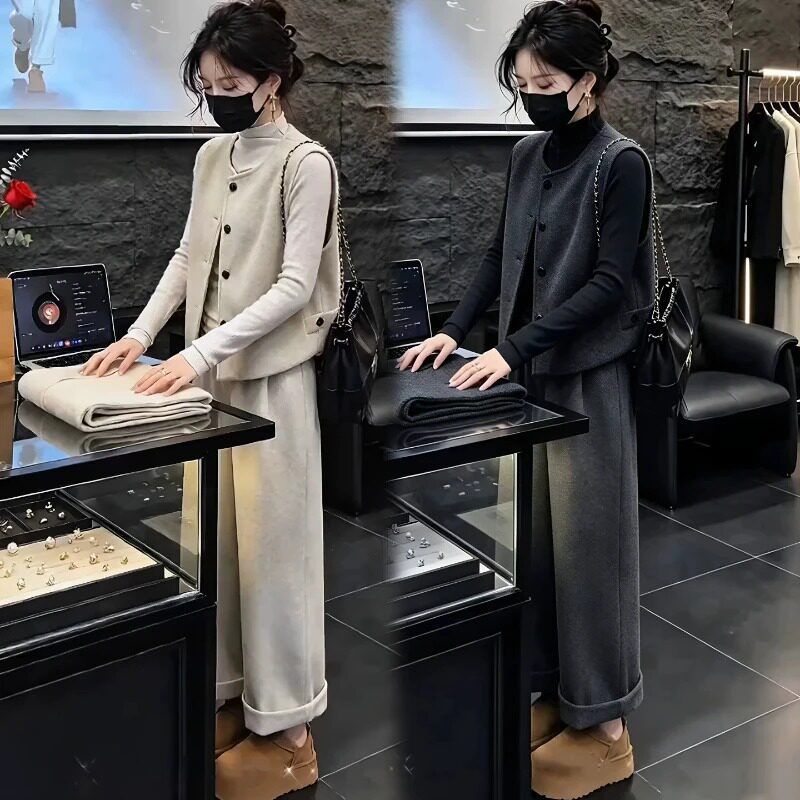 时尚套装女2026秋季新款洋气质显瘦毛呢马甲打底衫阔腿裤三件套潮