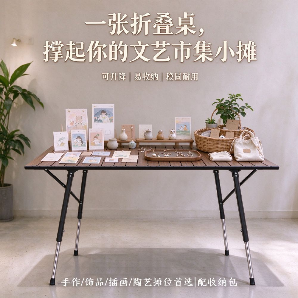 新款户外露营桌铝合金升降摆摊桌便携式折叠蛋卷桌野外野餐烧烤桌