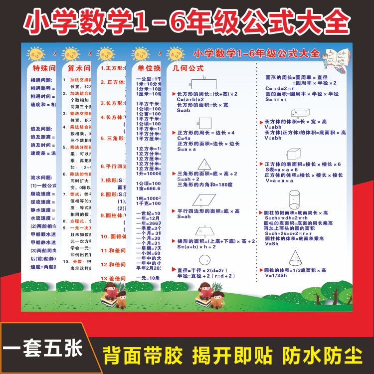 小学生数学公式大全墙贴一到二六年级单位换算表定律知识汇总挂图 虎窝拼